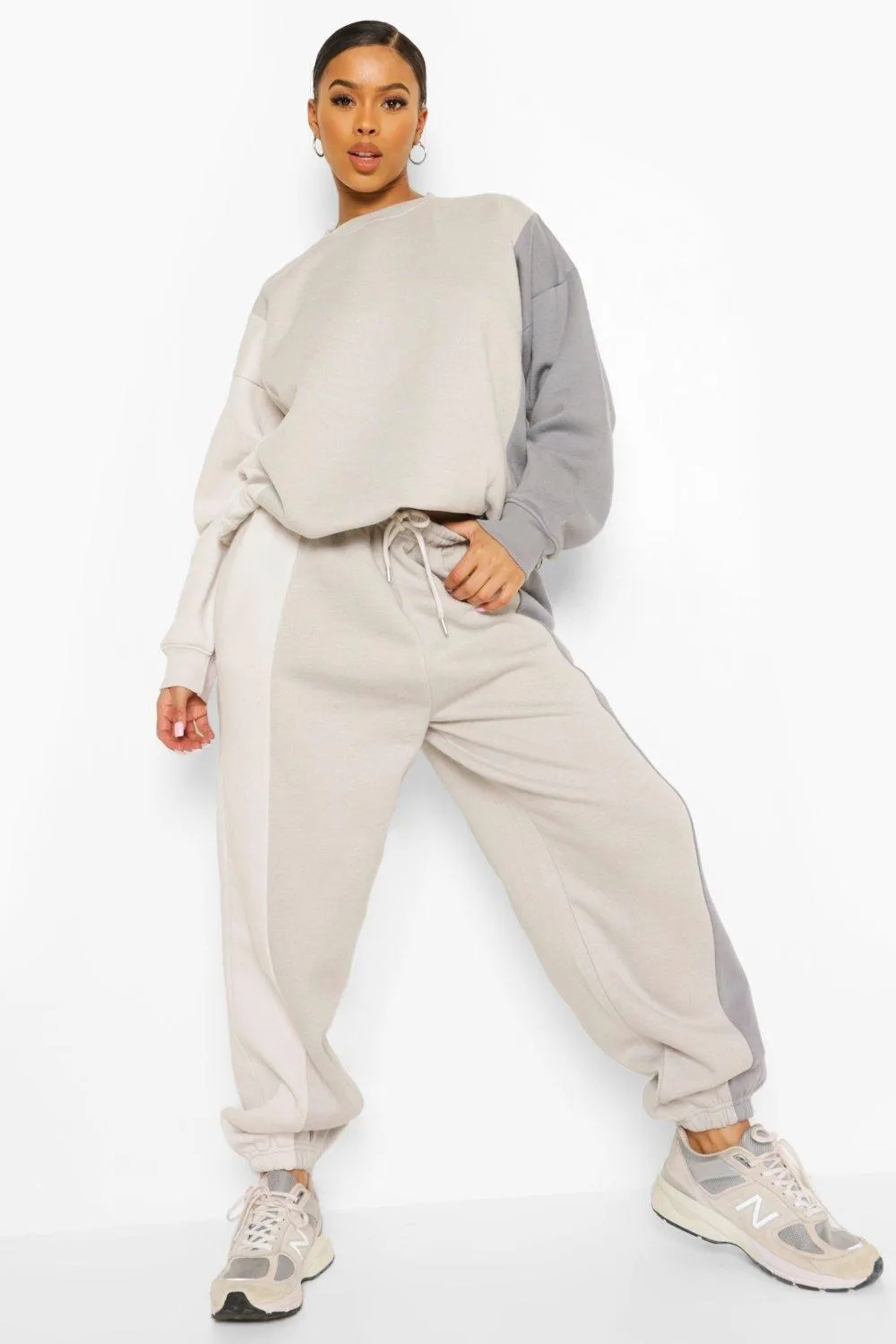 Grey Color Block Sweater Tracksuit