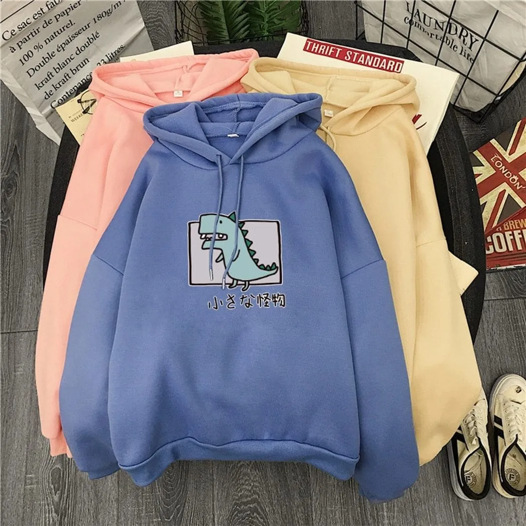 Harajuku Cartoon Dinosaur Print Hoodies Women Casual Long Sleeve Loose Hooded Sweatshirt Autumn Winter Fleece Hoody Pullover Top