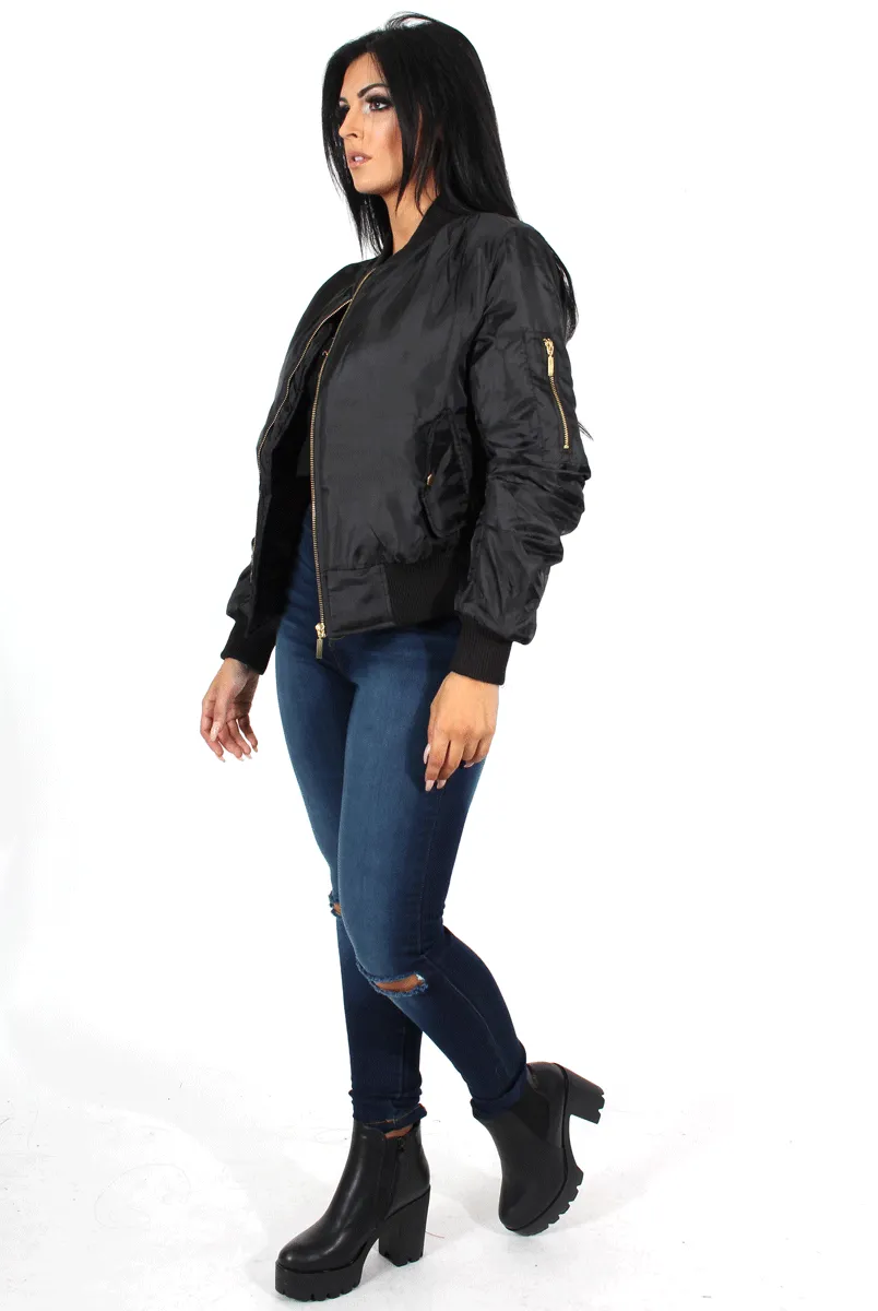 Kylie Black Zip Front Bomber Jacket