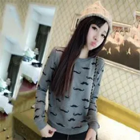 Loose Pullovers Hoody Women Long Sleeve O-Neck Mustache Print Cotton Warm Sweatshirts One Size SM6