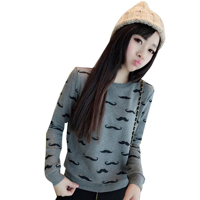 Loose Pullovers Hoody Women Long Sleeve O-Neck Mustache Print Cotton Warm Sweatshirts One Size SM6