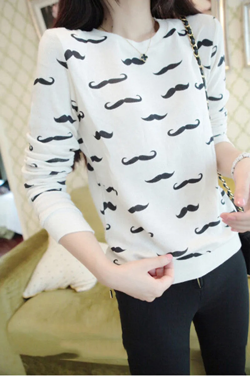 Loose Pullovers Hoody Women Long Sleeve O-Neck Mustache Print Cotton Warm Sweatshirts One Size SM6