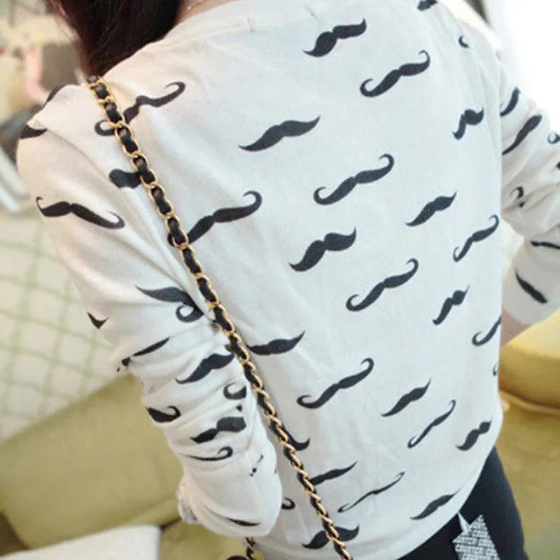 Loose Pullovers Hoody Women Long Sleeve O-Neck Mustache Print Cotton Warm Sweatshirts One Size SM6