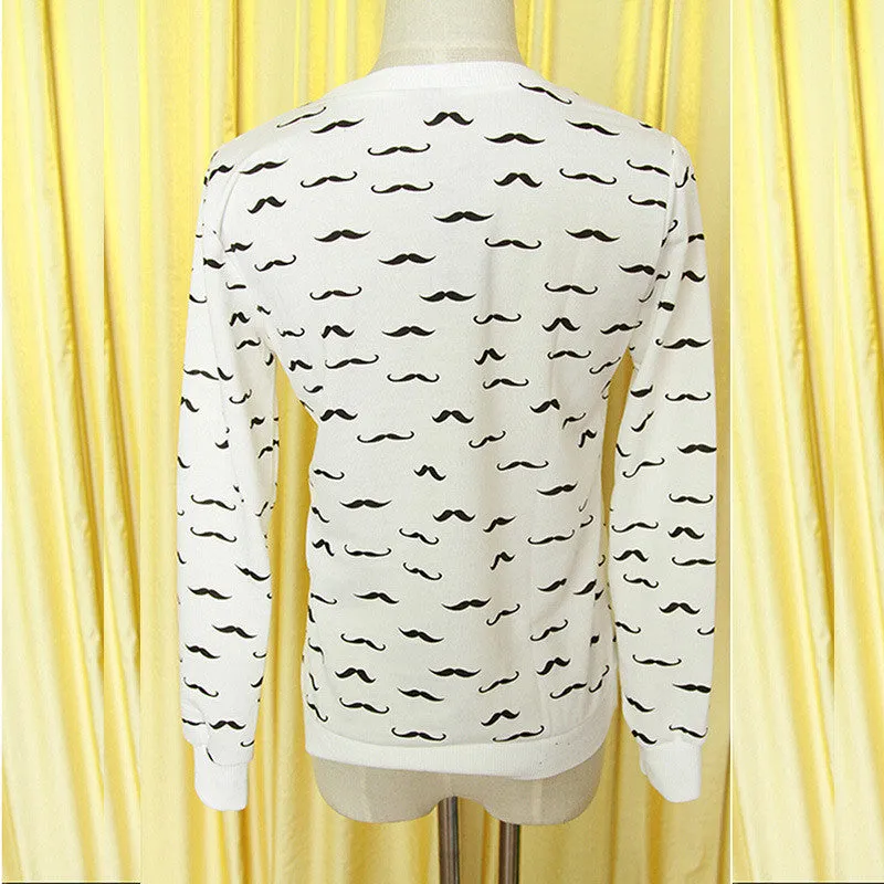 Loose Pullovers Hoody Women Long Sleeve O-Neck Mustache Print Cotton Warm Sweatshirts One Size SM6