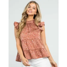 Lori Print Tiered Flutter Sleeve Rust THML Top-SALE