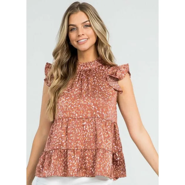 Lori Print Tiered Flutter Sleeve Rust THML Top-SALE