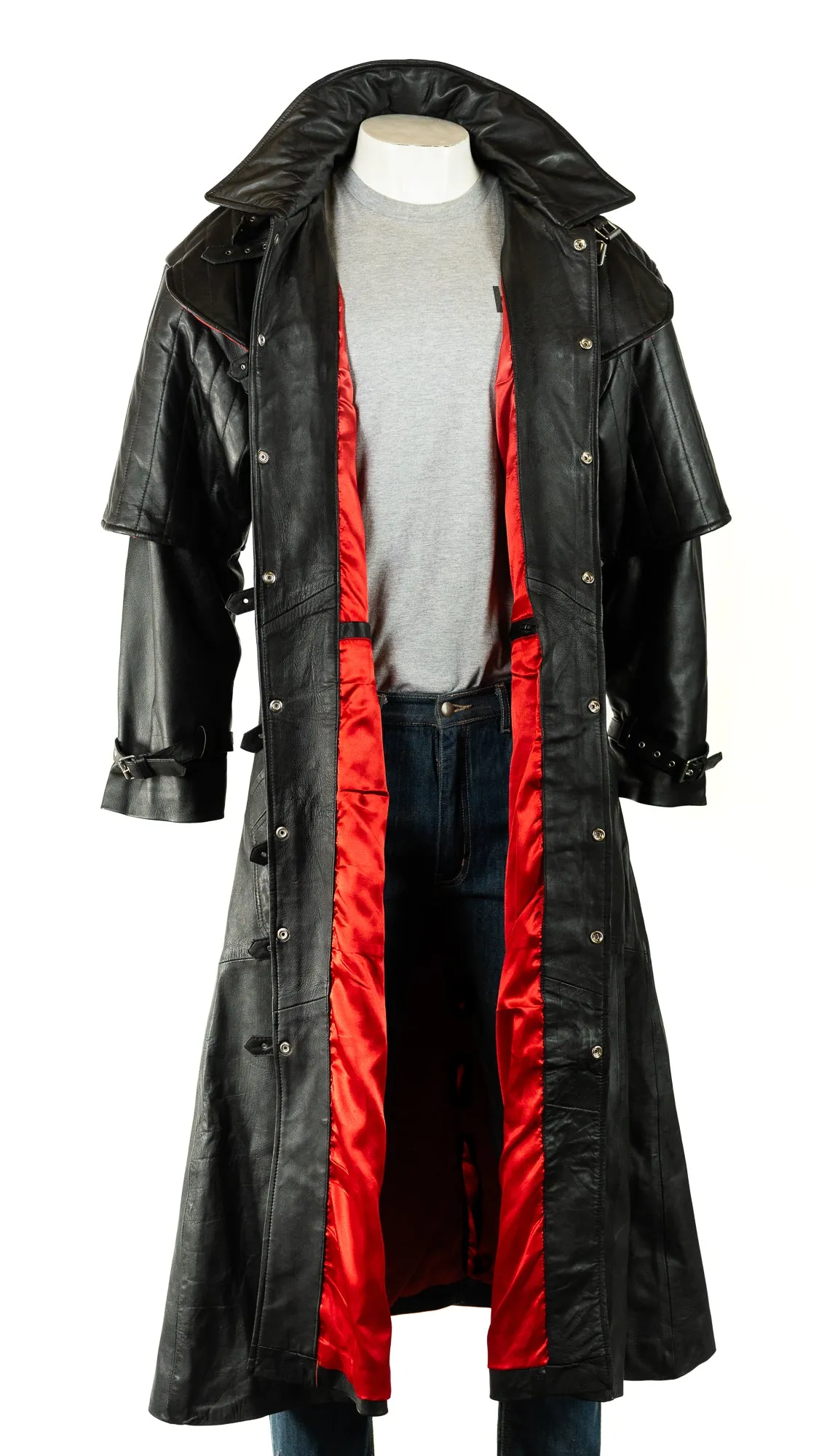 Men's Black Full Length Leather Duster Coat: Hugo