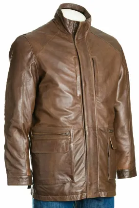 Men's Brown Stand Up Collar Leather Coat: Filberte