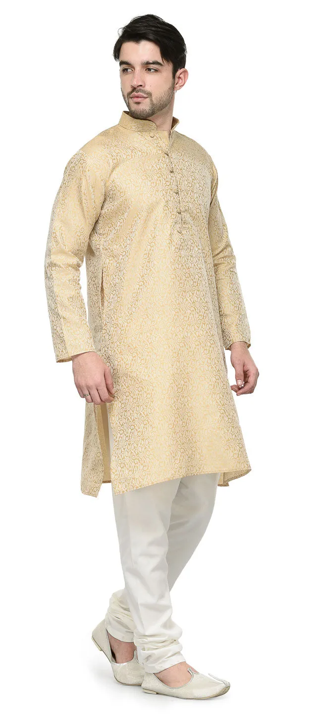 Men's Jacquard Silk Kurta Pajama India Clothing (Golden)