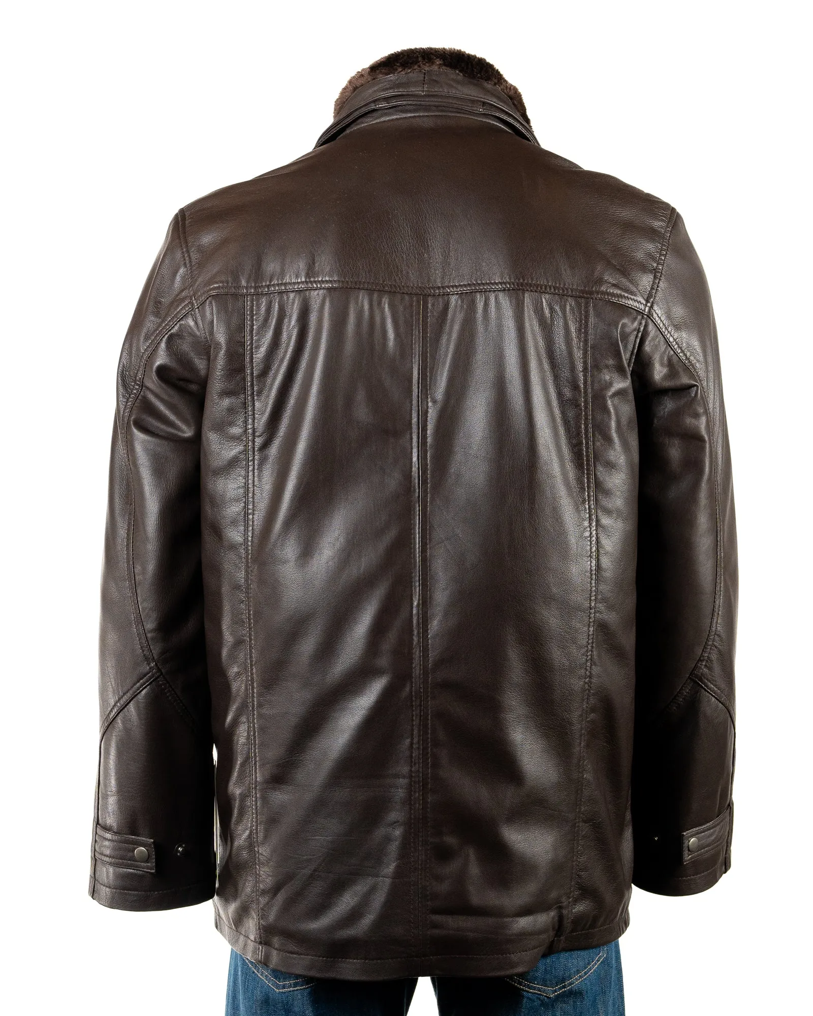 Men's Smart Brown Leather Coat with Removable Inner Collar: Tobias