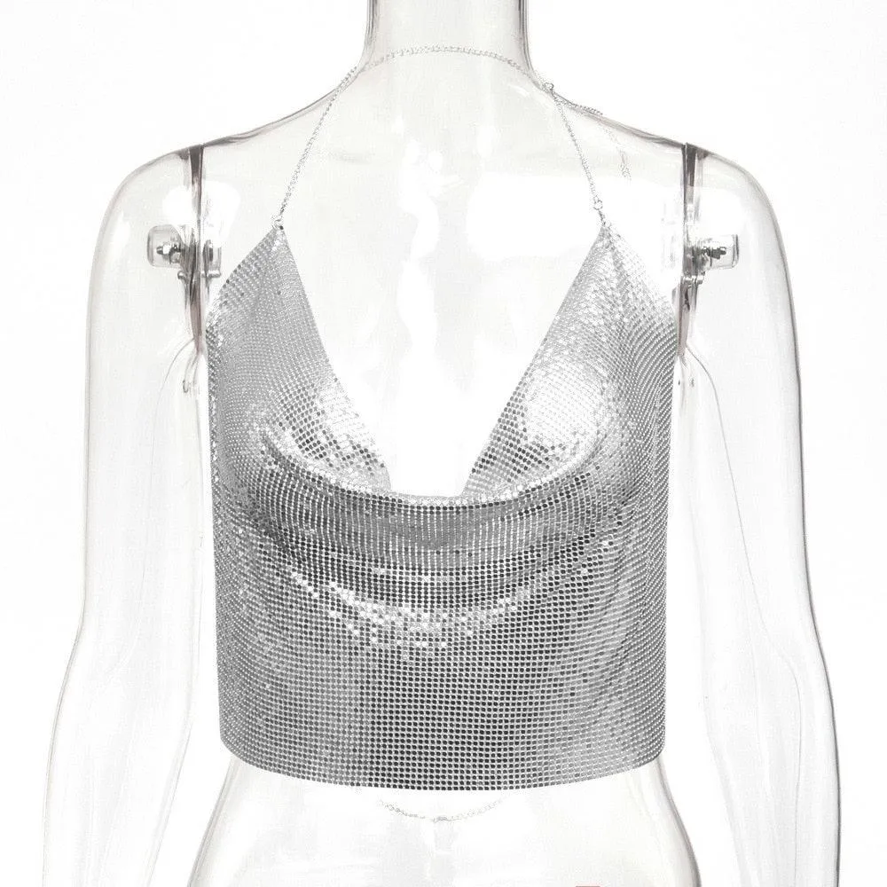 Mesh Metal Top Backless Halter Crop Top Night Club With V-Neck