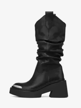 Mid Calf Boots Women's Buckle PU Leather Round Toe Stiletto Heel Boots