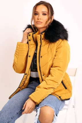 Mustard Fur Trim Quilted Puffer Coat - Lania