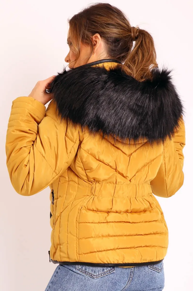 Mustard Fur Trim Quilted Puffer Coat - Lania