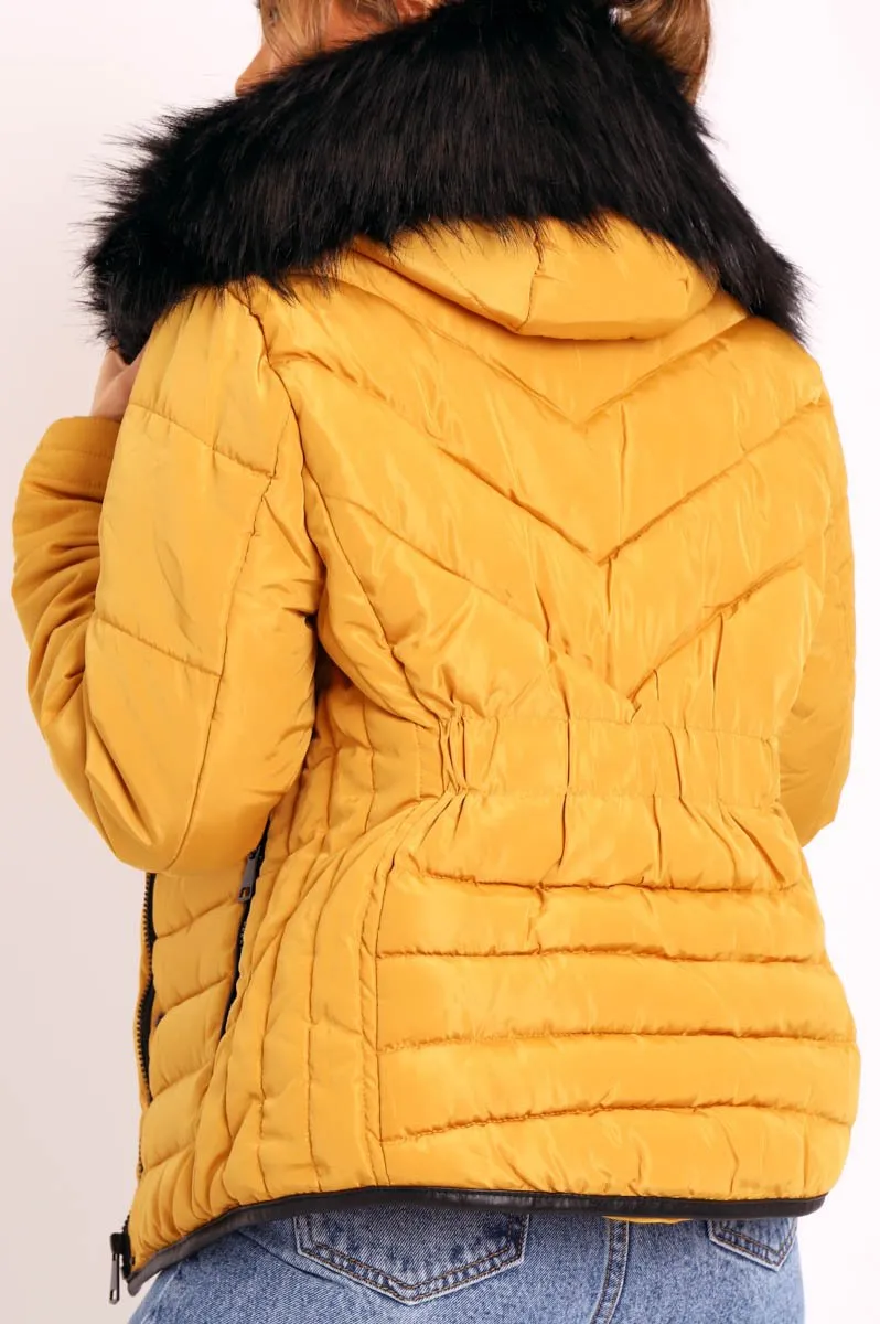 Mustard Fur Trim Quilted Puffer Coat - Lania