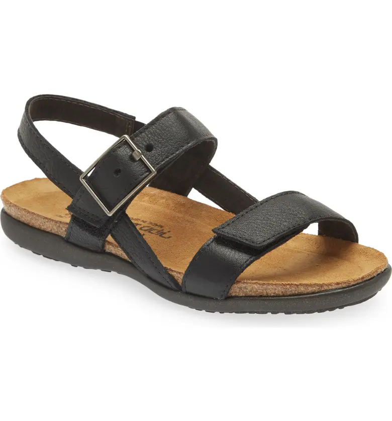 Naot Womens Norah Flat Adjustable Strap Sandal- Soft Black Leather