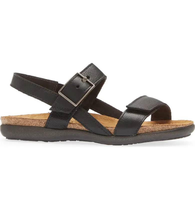 Naot Womens Norah Flat Adjustable Strap Sandal- Soft Black Leather