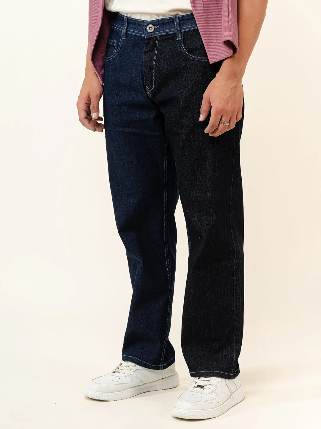 Navy Blue Colour Block Straight Fit Denim Jeans