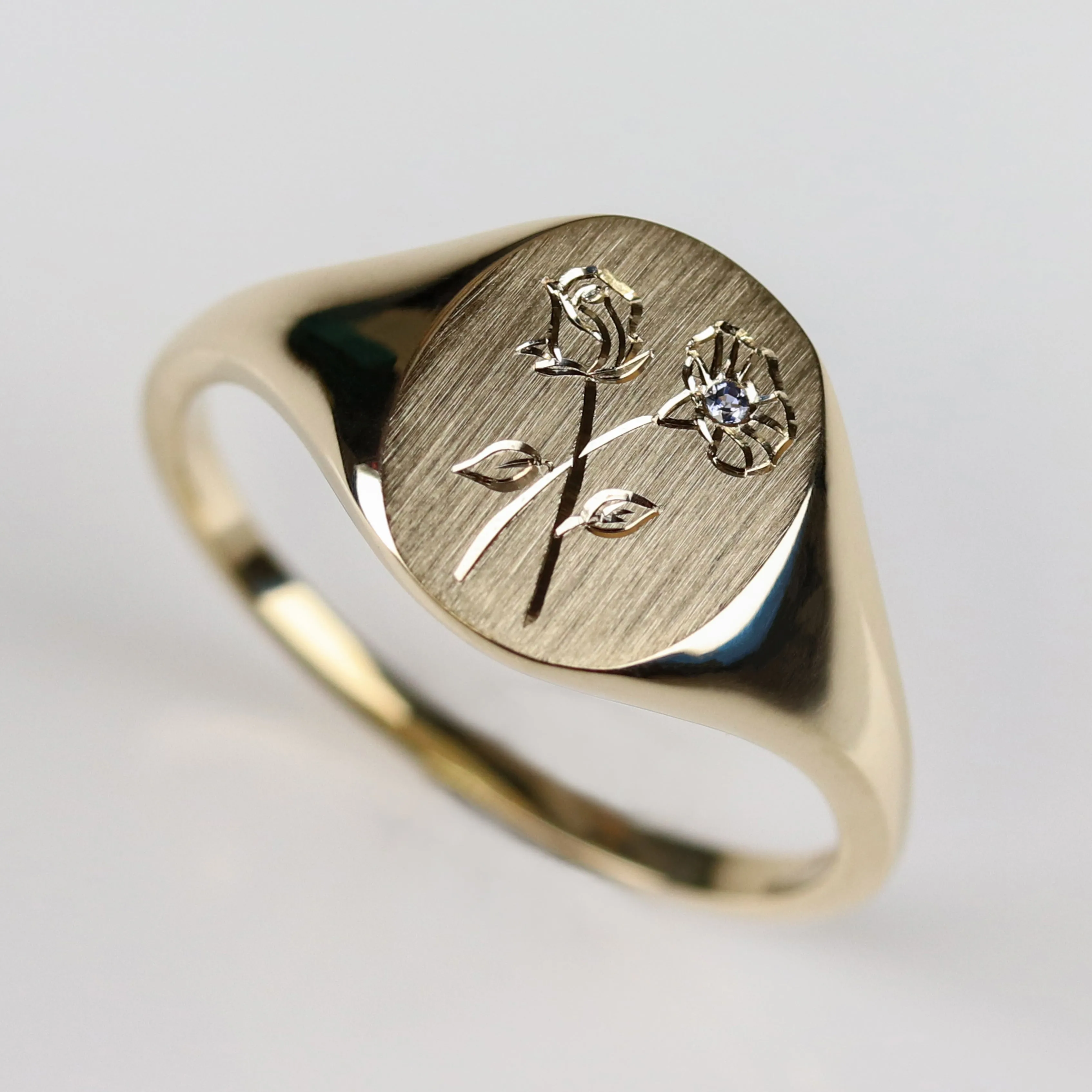 Oval Signet Ring with Hand-Engraved Birth Flowers