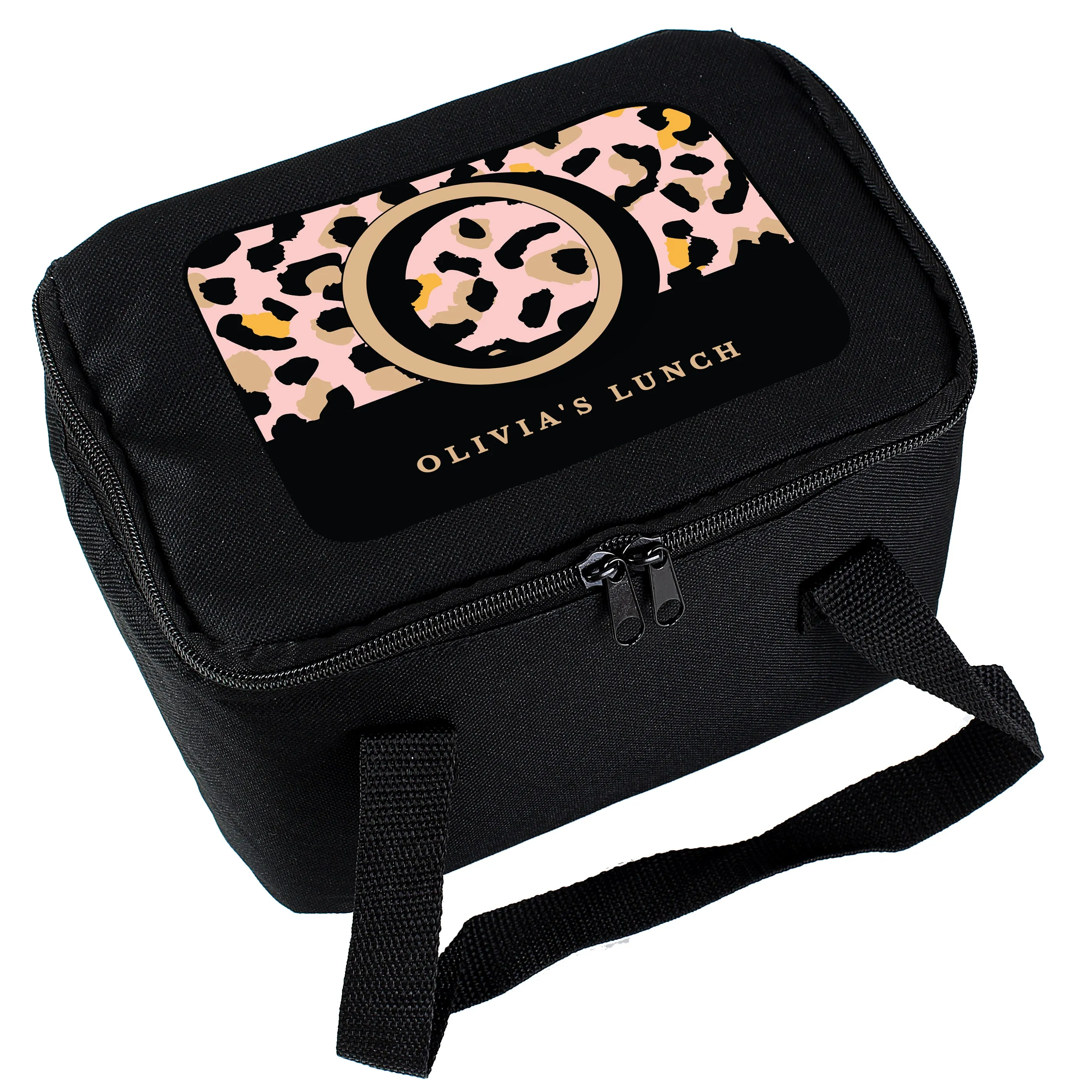 Personalised Leopard Print Black Lunch Bag