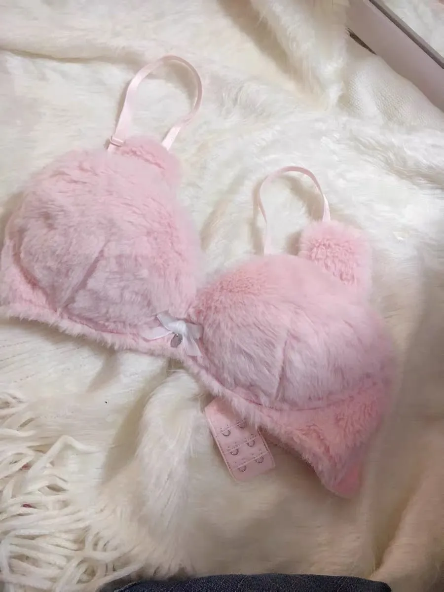 Pink rabbit fluffy bra set with panties