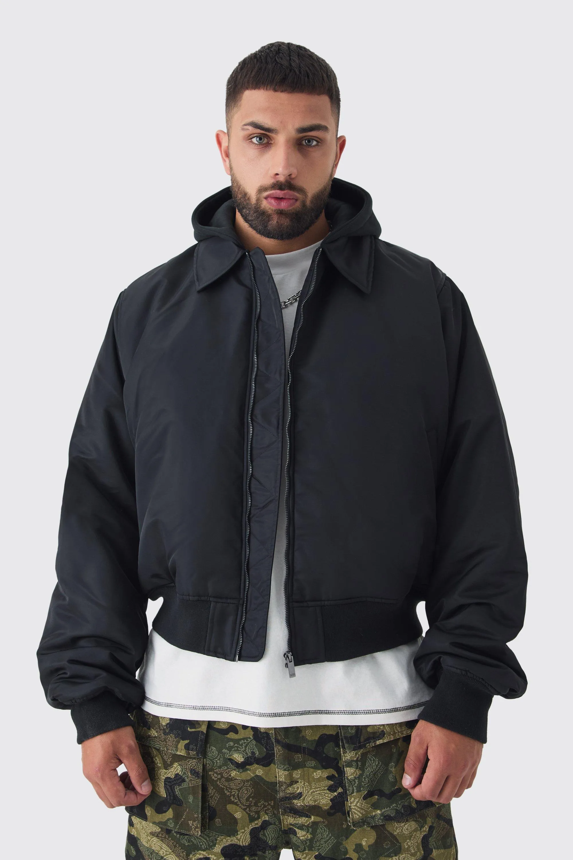 Plus Collared Boxy Bomber Jacket With Jersey Knit Hood In Black