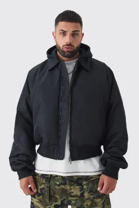 Plus Collared Boxy Bomber Jacket With Jersey Knit Hood In Black