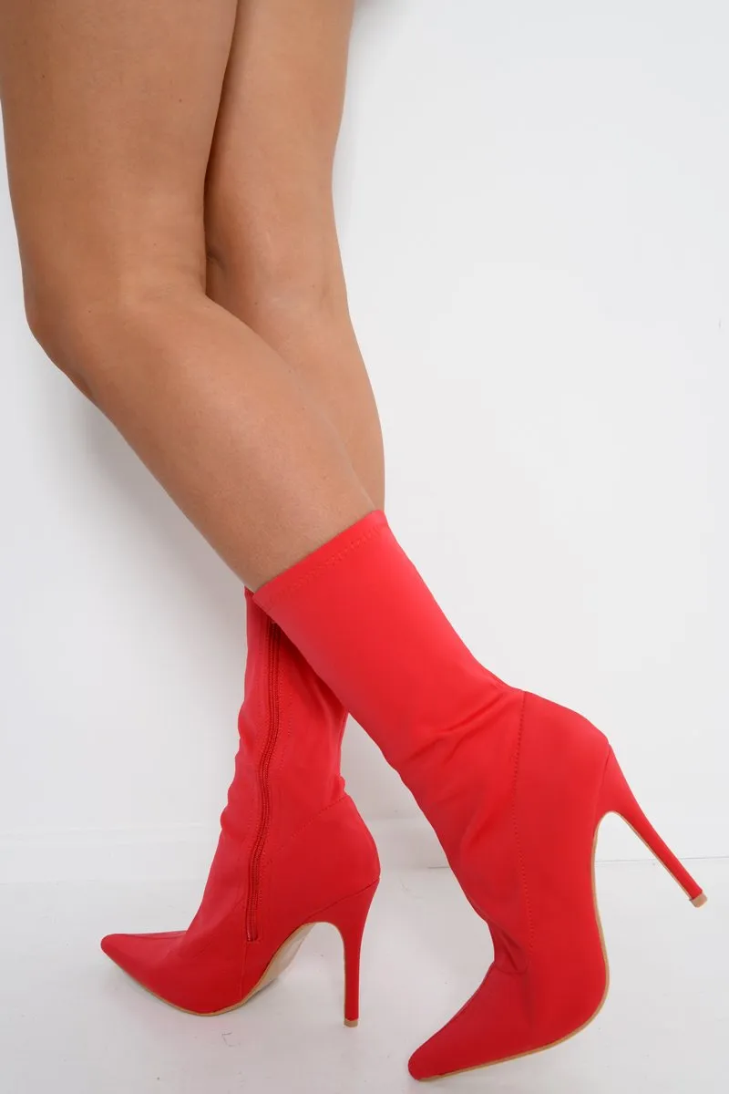 Red Stretchy Pointed Toe Heeled Boots - Melah