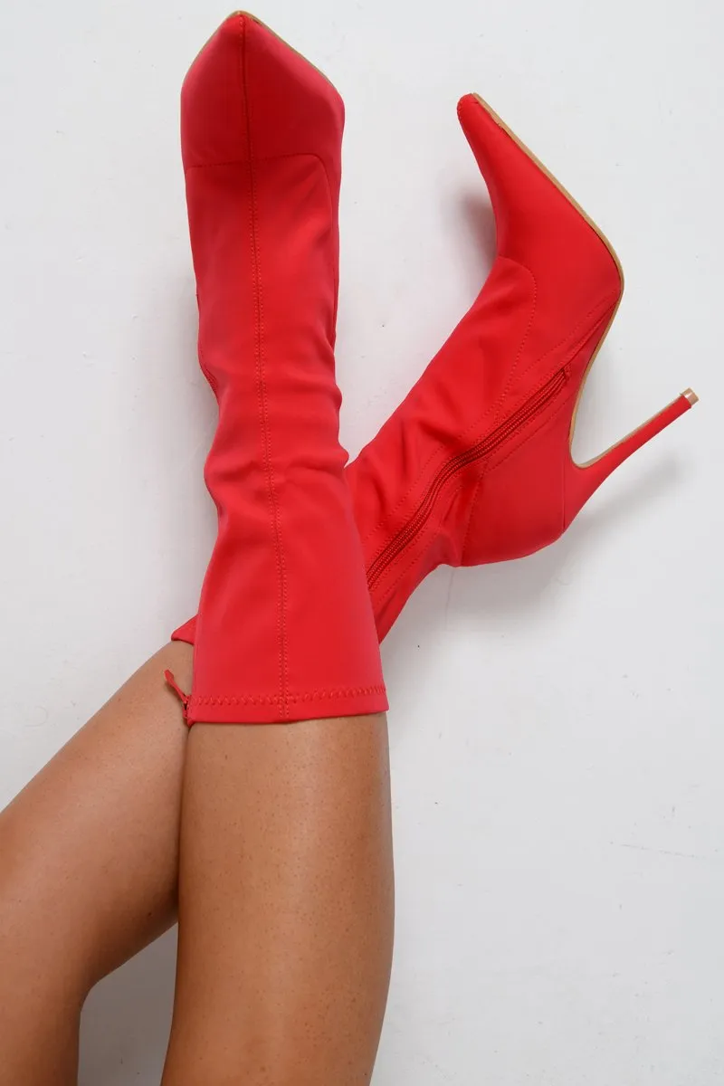 Red Stretchy Pointed Toe Heeled Boots - Melah