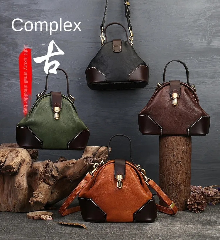 Retro Real Leather Contrast Color Women's Twist Lock Dumpling Shoulder Messenger Handbag