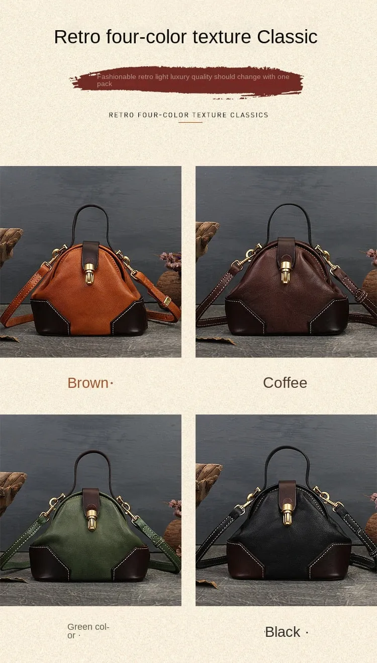 Retro Real Leather Contrast Color Women's Twist Lock Dumpling Shoulder Messenger Handbag