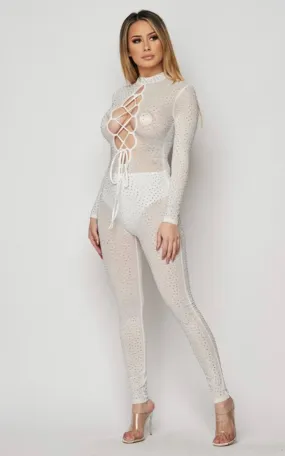 Sexy White Lace-Up Front Rhinestone Jumpsuit