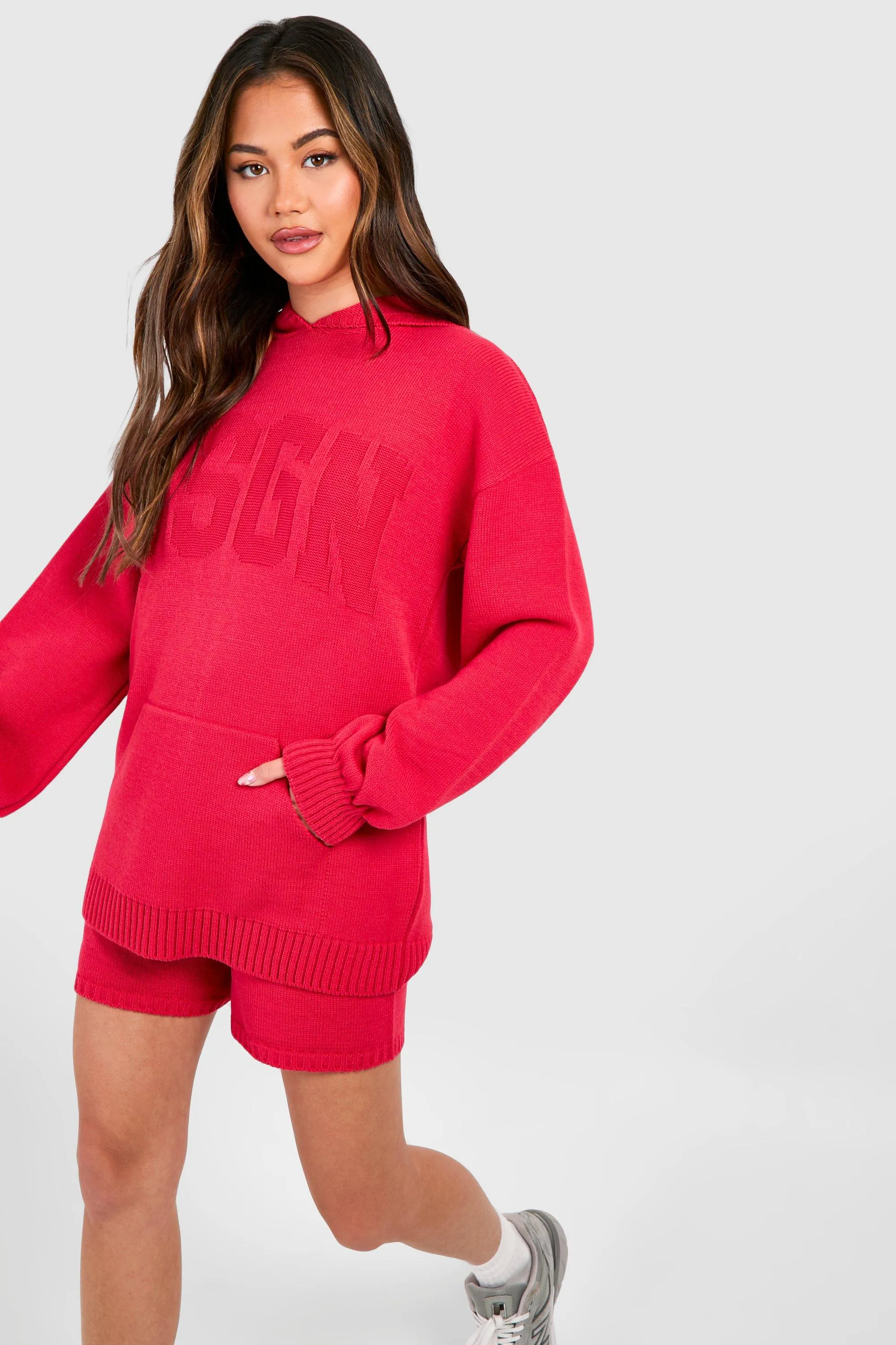 Shorts Co-ords | Dsgn Embossed Hoody And Shorts Knitted Set | boohoo