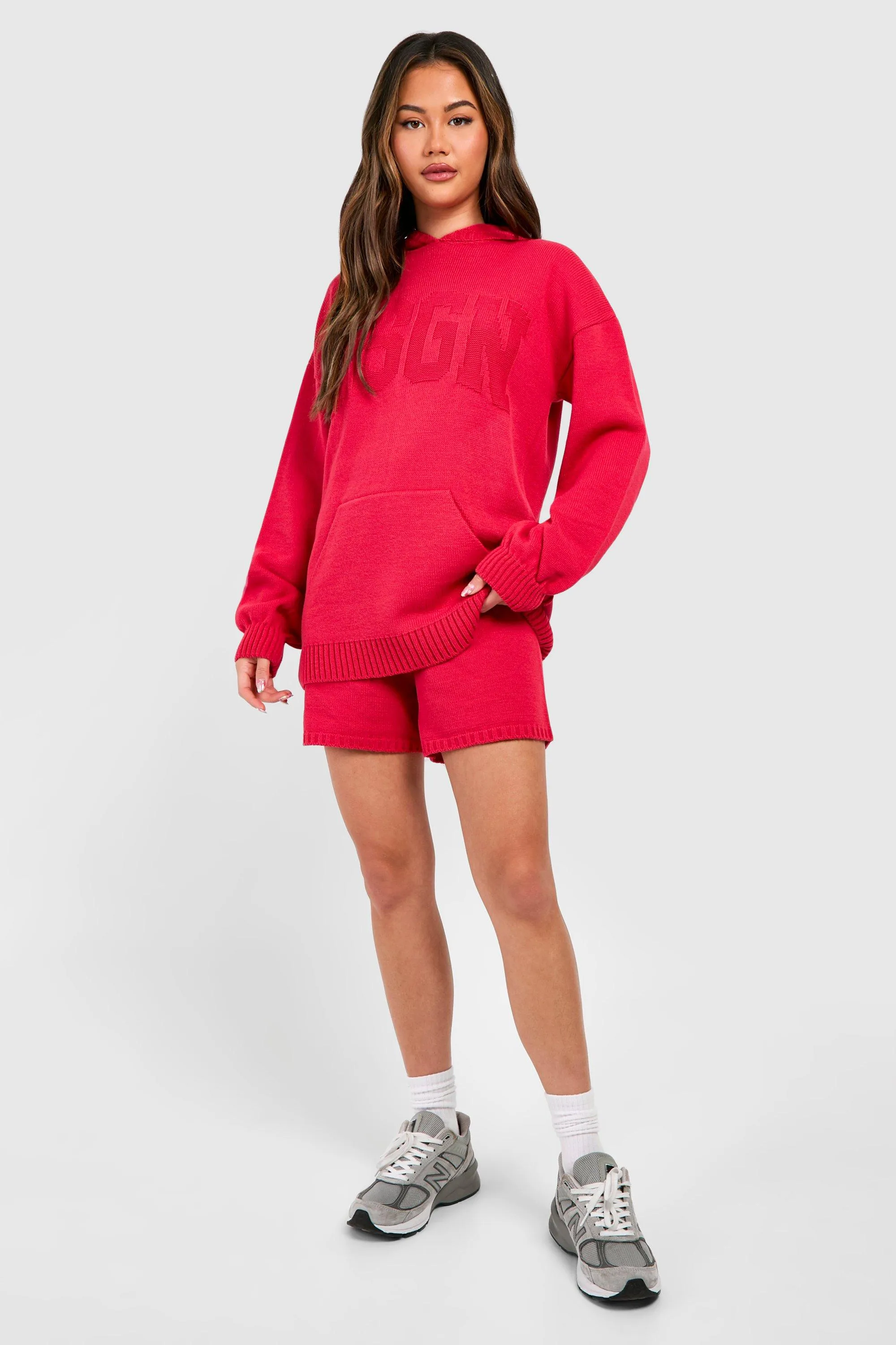 Shorts Co-ords | Dsgn Embossed Hoody And Shorts Knitted Set | boohoo