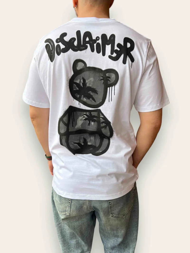 T-shirt DISCLAIMER logo gommato stampa teddy sul retro bianca