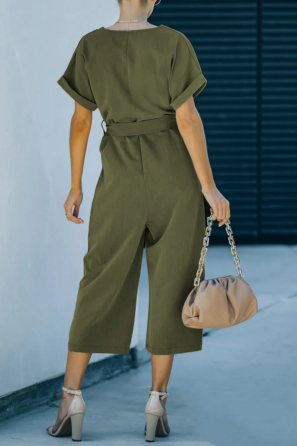 Tie-Waist Buttoned Cropped Jumpsuit