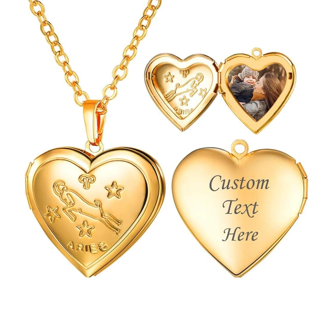 U7 Jewelry Engraved Zodiac Sign Heart Locket Necklace with Photo