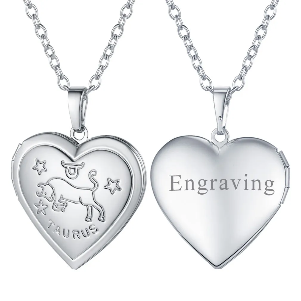 U7 Jewelry Engraved Zodiac Sign Heart Locket Necklace with Photo