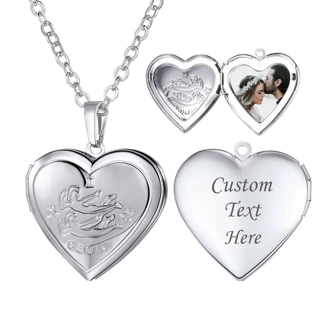 U7 Jewelry Engraved Zodiac Sign Heart Locket Necklace with Photo