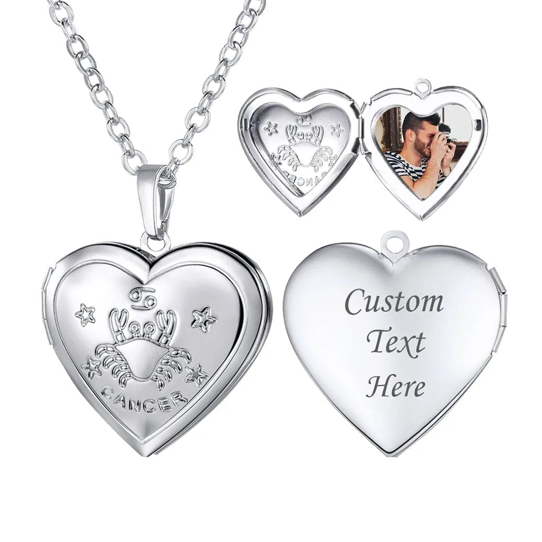 U7 Jewelry Engraved Zodiac Sign Heart Locket Necklace with Photo