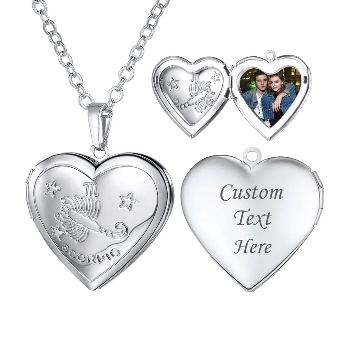 U7 Jewelry Engraved Zodiac Sign Heart Locket Necklace with Photo