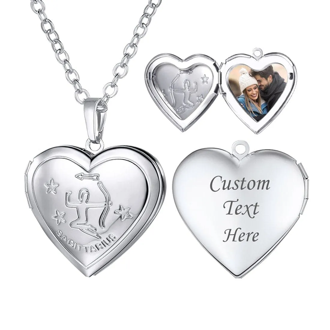 U7 Jewelry Engraved Zodiac Sign Heart Locket Necklace with Photo