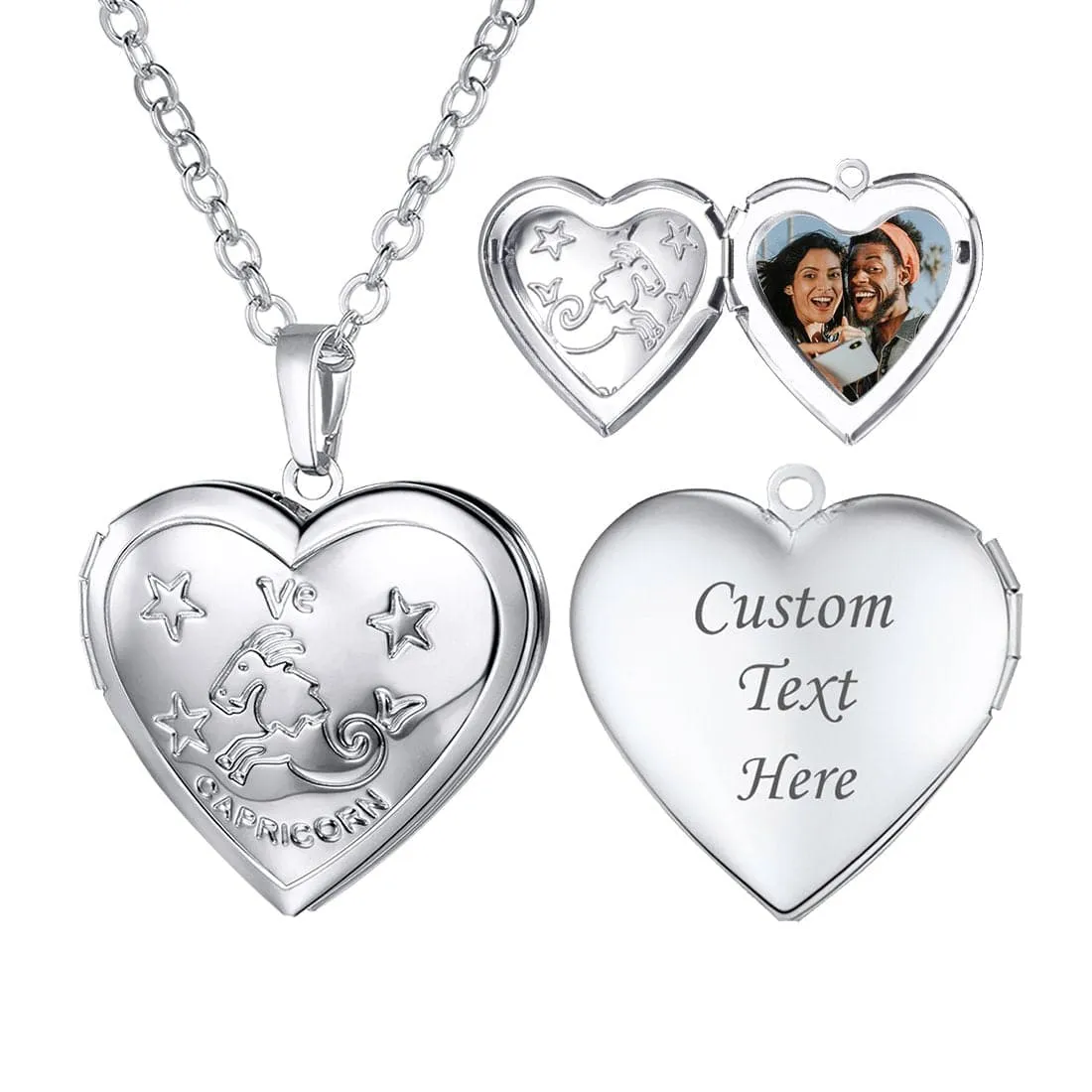 U7 Jewelry Engraved Zodiac Sign Heart Locket Necklace with Photo