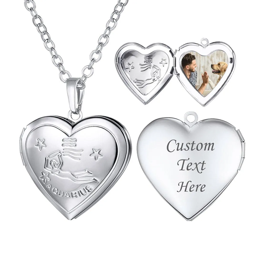 U7 Jewelry Engraved Zodiac Sign Heart Locket Necklace with Photo