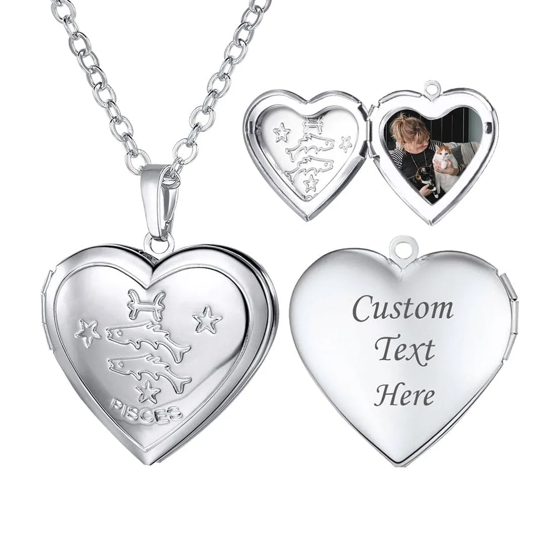 U7 Jewelry Engraved Zodiac Sign Heart Locket Necklace with Photo