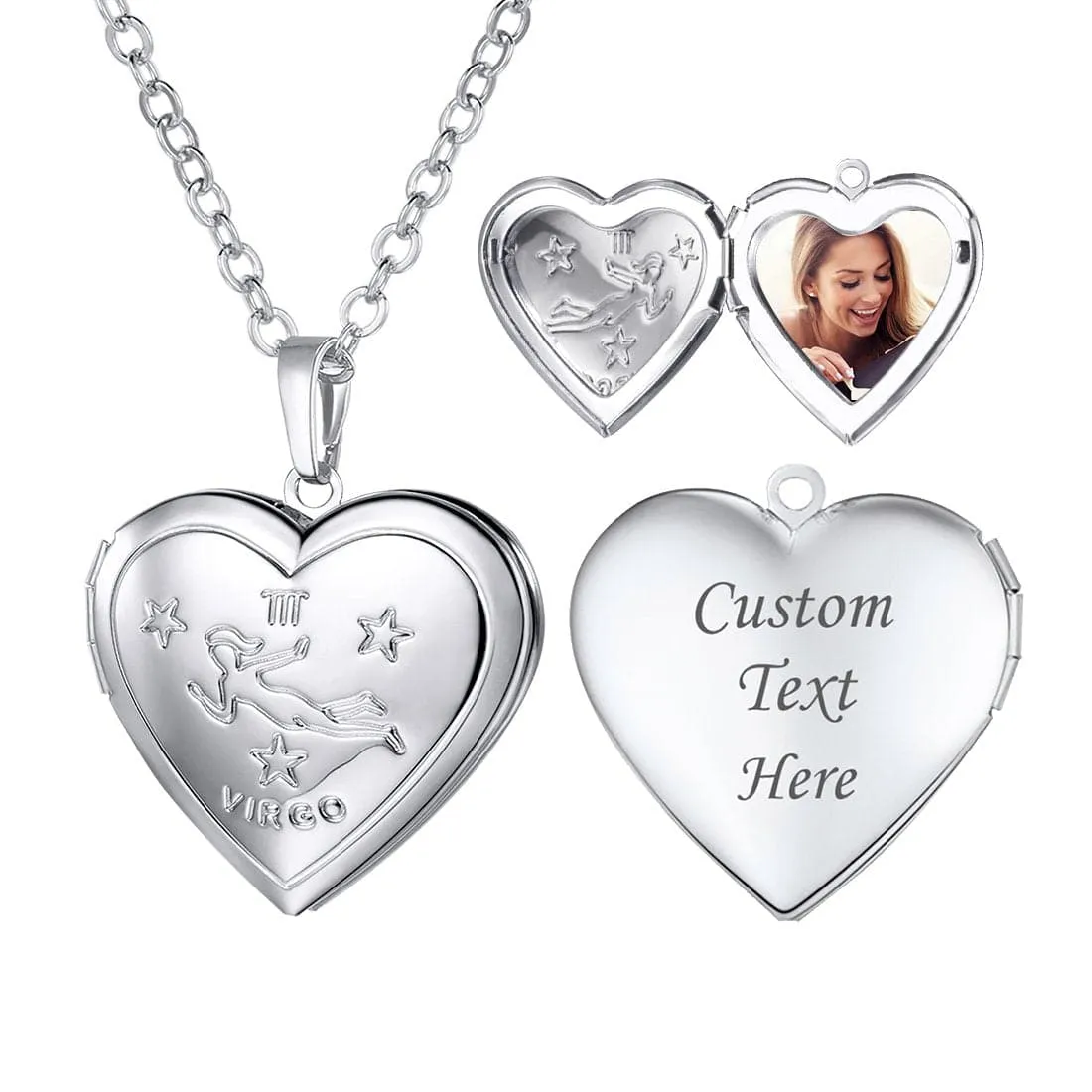 U7 Jewelry Engraved Zodiac Sign Heart Locket Necklace with Photo