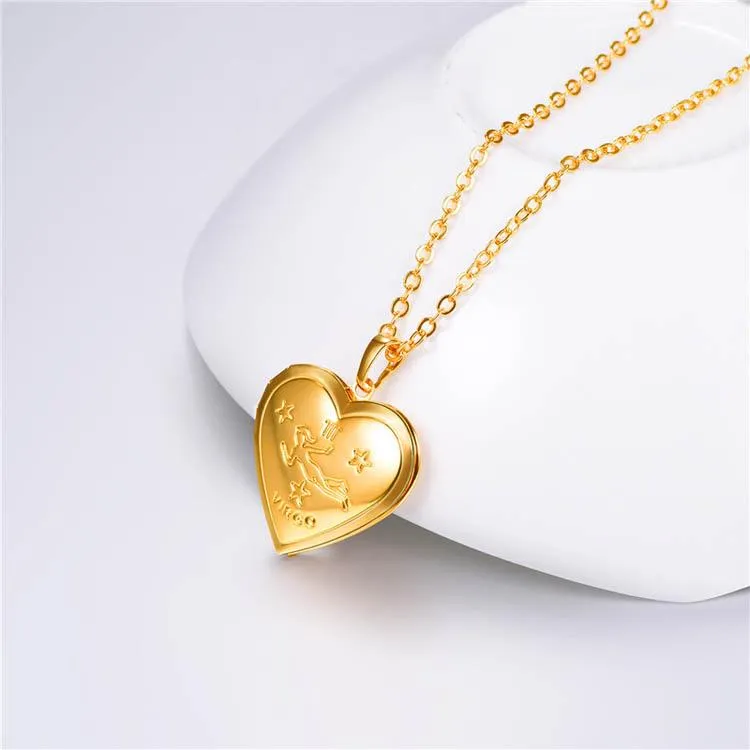 U7 Jewelry Engraved Zodiac Sign Heart Locket Necklace with Photo