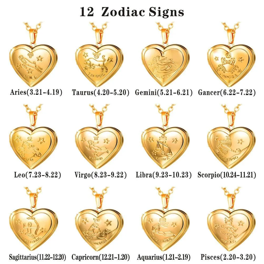 U7 Jewelry Engraved Zodiac Sign Heart Locket Necklace with Photo