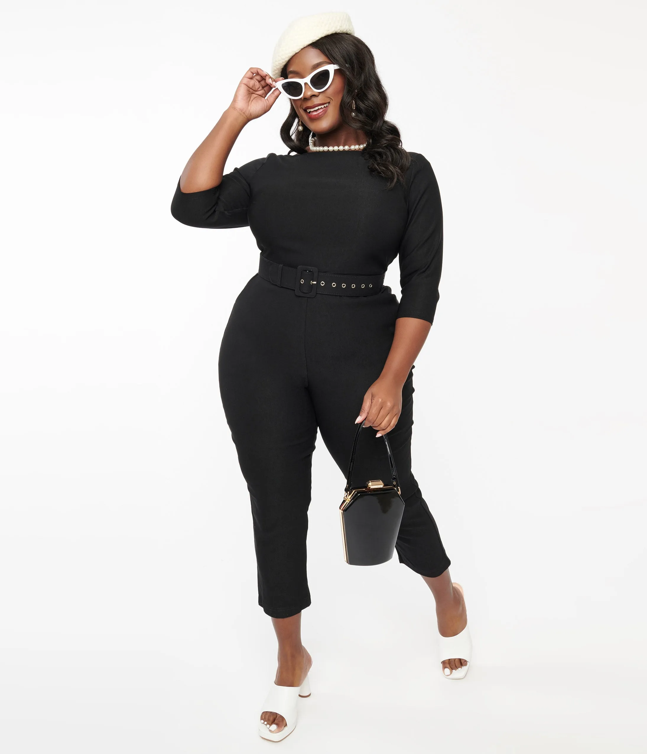 Unique Vintage Plus Size 1950s Black Fitted Capri Jumpsuit