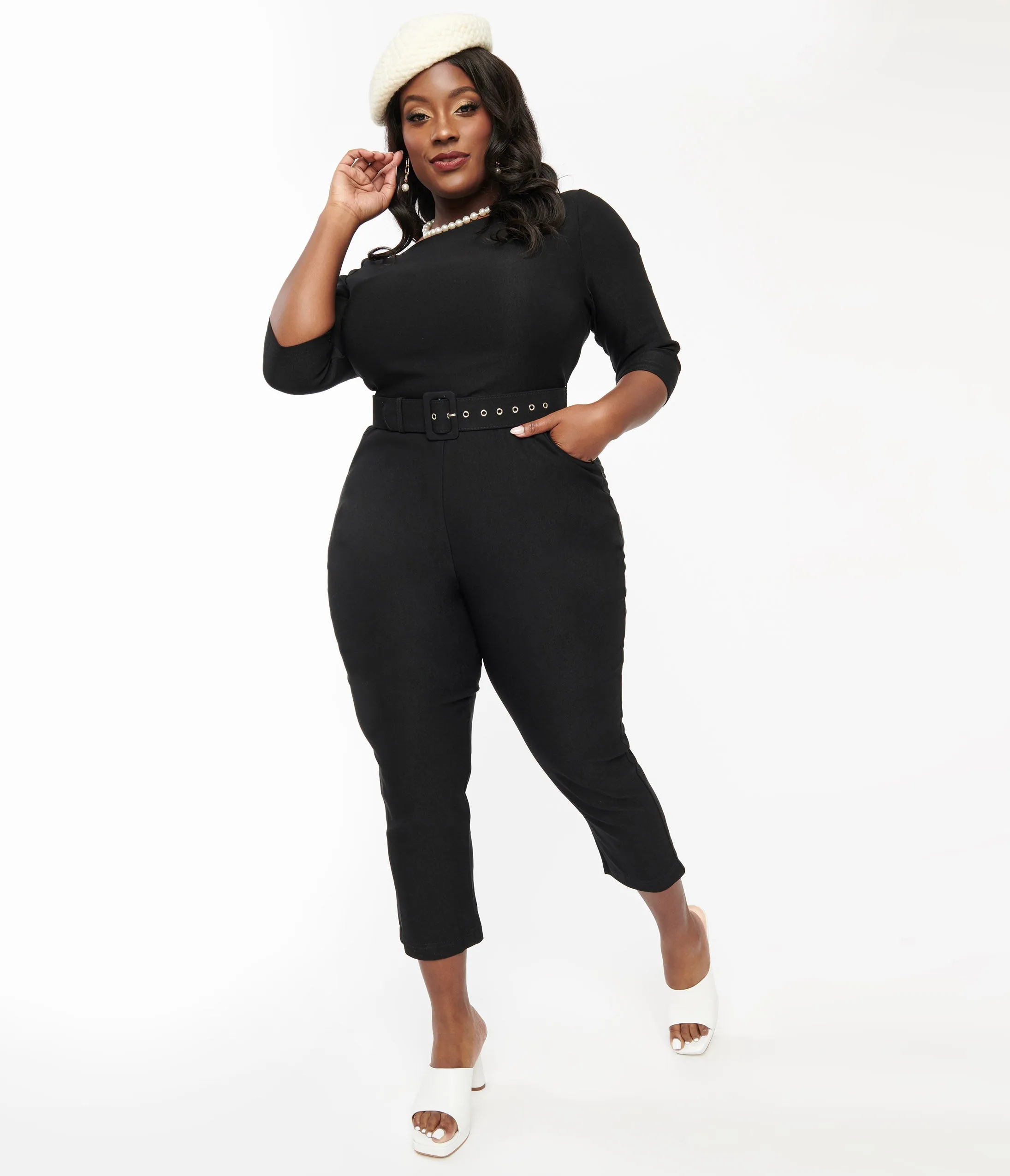 Unique Vintage Plus Size 1950s Black Fitted Capri Jumpsuit